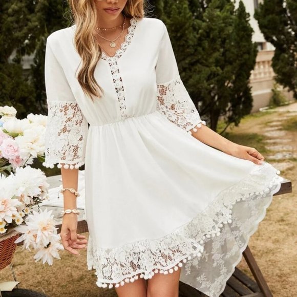 Shabby Chic Lace Pompom Trim Trumpet Sleeve Ruffle Hem Dress white - Picture 2 of 6